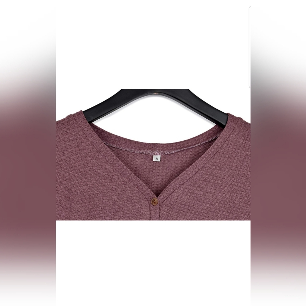 🌞Waffle Knit Tunic Blouse Tie Knot Henley Tops Lo - Picture 3 of 4